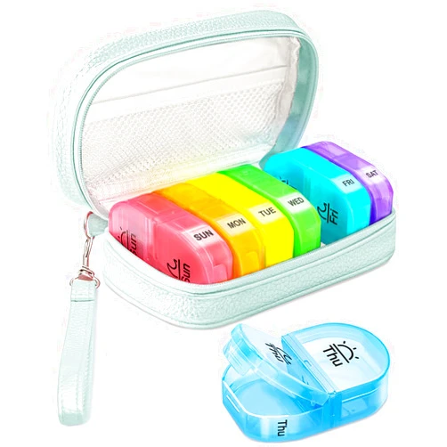 AMOOS Cute Pill Organizer 2 Times a Day, PU Leather Pill Case for Women, Portable Weekly Pill Box for Purse with Storage Bag to Hold Vitamins, Medications, Fish Oils, Supplements (Cyan Blue)