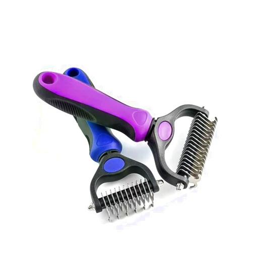 WePet Grooming Rake for Dogs & Cats, Double-Sided Deshedding Brush, Extra-Wide Dematting Tool, Slicker Comb for Undercoat & Loose Hair Removal, Reduces Shedding by 95%, Blue, Small