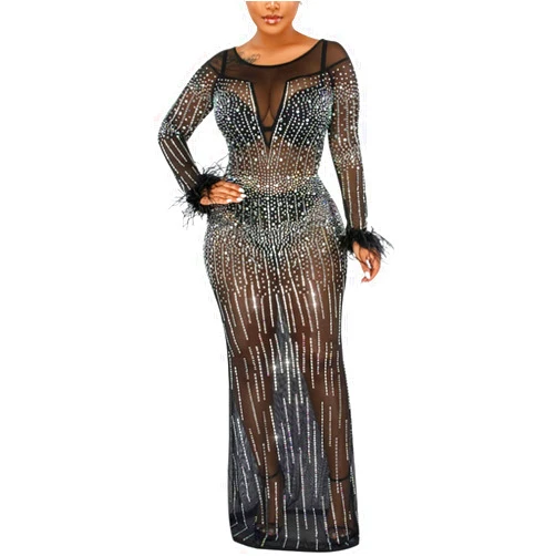 PORRCEY Women Sexy Rhinestone Long Sleeve Mesh See Through Party Club Night Formal Evening Dress