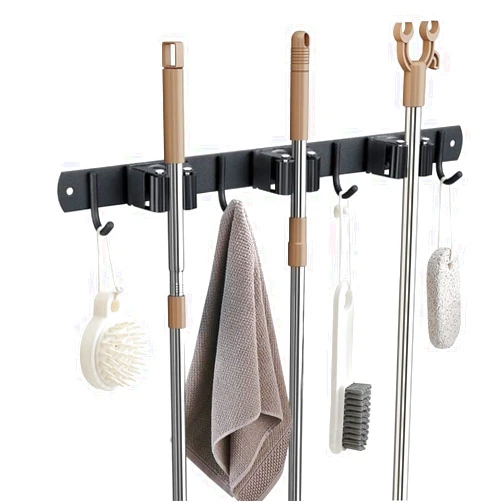 JAMEND CLXP Broom Hanger and Mop Holder, Heavy Duty Garden Tool Organizer Rack Rake and Shovel Handle, Stainless Steel Wall Mounted Utility Rack with Screws (3 Racks with 4 Hooks, Matte Black).