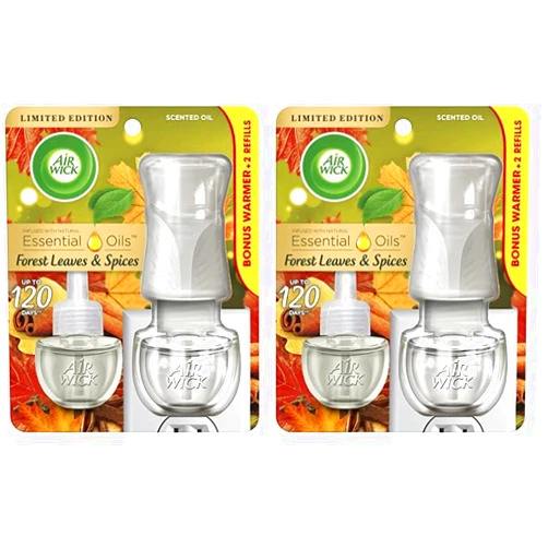 Air Wick Plug in Scented Oil Starter Kit (Warmer +2 Refills), Forest Spice & Leaves, Fall Scent, Essential Oils, Air Freshener (Pack of 2)