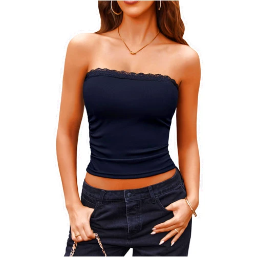 Avidlove Tube Tops for Women Lace Trim Ribbed Strapless Crop Tops Ruched Y2k Bandeau Going Out Top