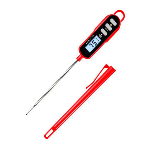 Lonicera Instant Read Digital Meat Thermometer for Food, Bread Baking, Water and Liquid. Waterproof and Long Probe with Meat Temp Guide for Cooking, Display with Backlit (Red)