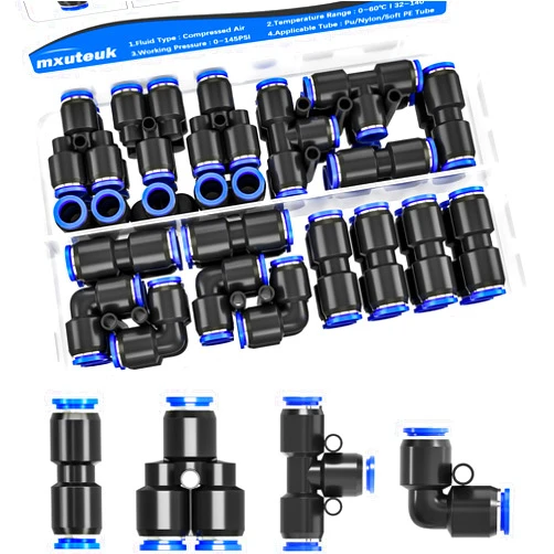mxuteuk 35pcs 5/16 inch or 8mm OD Pneumatic Push to Connect Fittings Pneumatic Fittings Kit Push to Connect Tube Fittings Copper Pneumatic Fittings