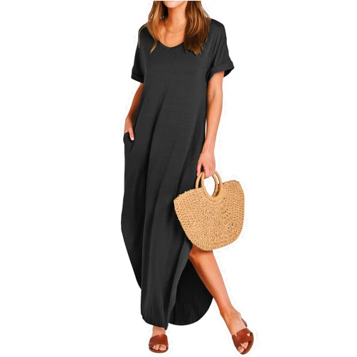 ANRABESS Women Oversized Casual Loose Summer Maxi Dress Short Sleeve V Neck Beach T-Shirt Maxi Long Dresses Plus Size