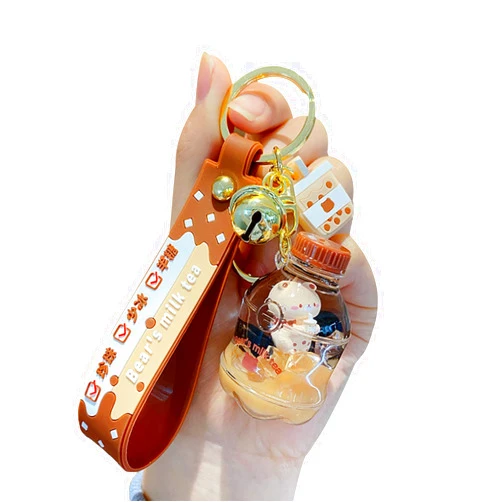HSYHERE Men Women Creative Interesting Floating Milk Tea Brown Bear Lucky Bottle Keychain Keyrings