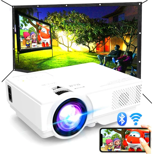 NISOO Projector with WiFi and Bluetooth, 2024 Upgrade Outdoor Projector, Mini Movie Projector Supports 1080P Synchronize Smartphone Screen by WiFi/USB Cable for Home Entertainment