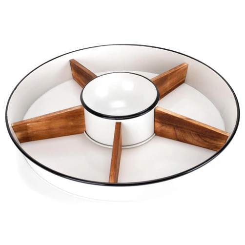 NAT AND JULES NAT & Jules Wood Partitions Matte White 16 inch Metal Enamel Divided Chip and Dip Tray