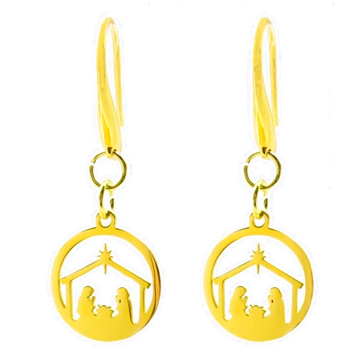 DivinejewelsbyBarb Handmade Christmas Earrings, Golden Laser Cut Stainless Steel Nativity Scene on Golden Surgical Stainless Steel Ear Wires