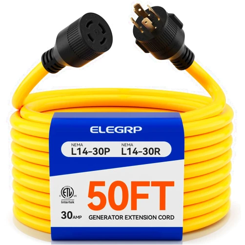 ELEGRP 30 Amp Generator Extension Cord 50 Feet, 4-Prong NEMA L14-30P to L14-30R, 120/250V Up to 75000W, 10 Gauge Heavy Duty SJTW Locking Power Cord for Portable Generators, Home Backup, ETL Listed