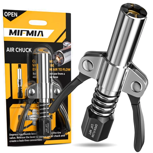 MIFMIA Locking Air Chuck, Heavy Duty Open Flow with Six Steel Jaws, Locks onto Any Tire Valve, No Leaks or Pop-Offs, Rated to 150 PSI - Open Flow
