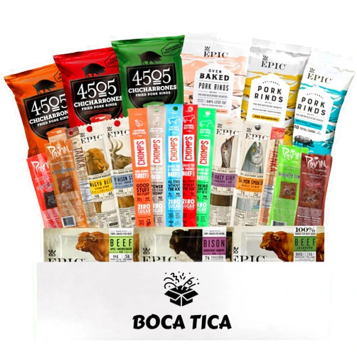 Boca Tica Beef Jerky Gift Box Variety Of Healthy Beef Meat Sticks, Pork Rinds, Exotic Jerky, Epic Bars, Chomps Beef Sticks Perfect Care Package Ultimate Jerky Variety Snack and Gift Box, Sticks, Rinds, and bars. 24 pack