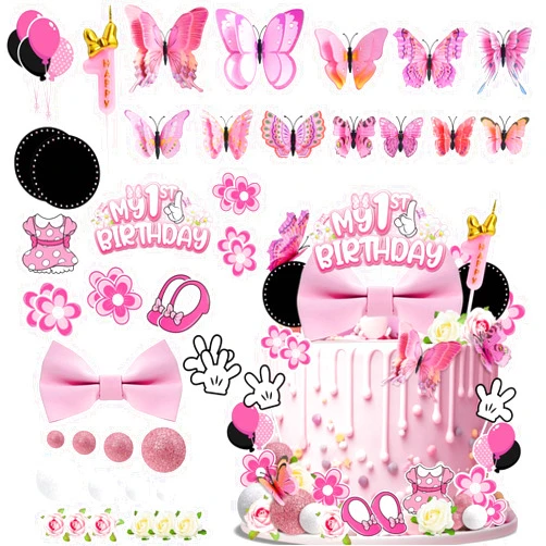 GZDUCK Pink Mouse Cake Topper- 45Pcs Mouse 1st Birthday Cake Topper, My 1st Pink Mouse Birthday Decorations, First Birthday Party Decorations Supplies for Girls Kids Birthday Baby Shower