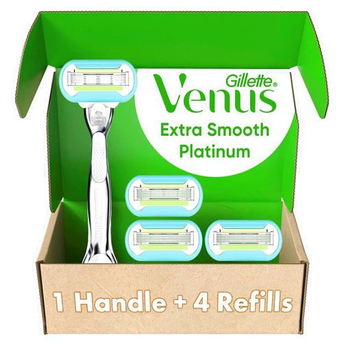 Gillette Venus Platinum Extra Smooth Metal Handle Women's Razor Handle + 4 Blade Refills, Pivoting Head and Ribbon of Moisture