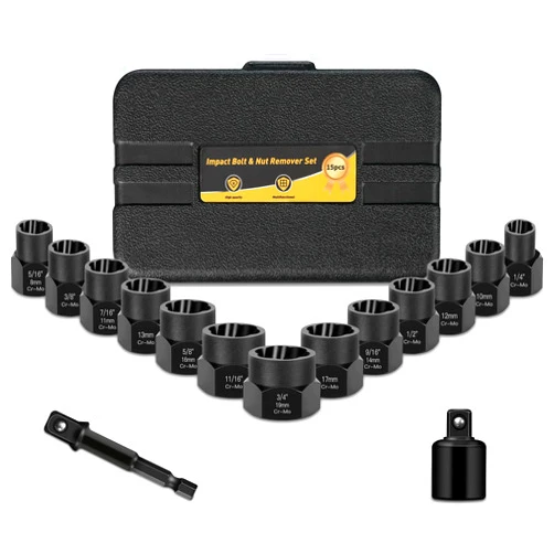 Pgroup Impact Bolt & Nut Remover Set, 15 Pcs (Cr-Mo) Bolt Extractor Tool Set with 3/8 