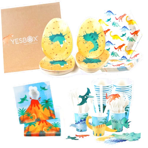 Yesbox Dinosaur Birthday Decorations Set with Dinosaur Paper Plates, Napkins, Cups, Cup Sleeves,Straw Toppers and PLA Cutlery for 20 Guests -Total 201pieces, Unique Gift for Kids