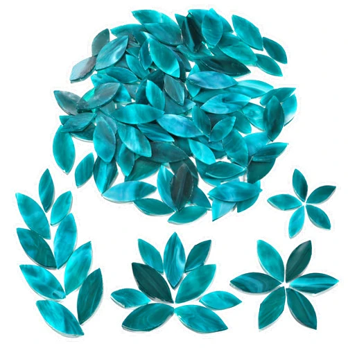 Yoption 100 Pieces Petal Mosaic Tiles, Hand-Cut Stained Glass Flower Leaves Tiles for Art Craft and Home Decorations (Turquoise)