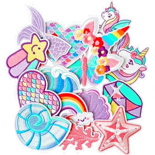 Jefuzh 16 PCS Unicorn Iron on Patches, Cute Rainbow Star Heart Butterfly Diamond Sew on Embroidered Applique Repair Embroidery Patch DIY Craft Accessories for Kids Girls Clothing Backpack Hat
