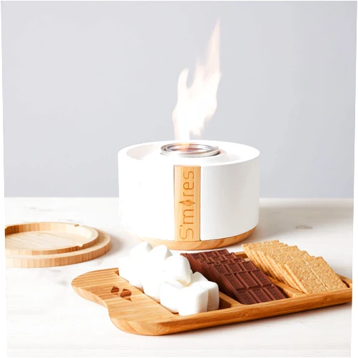 Terra Flame TerraFlame Portable Indoor and Outdoor Smoke Free Clean Burning Gel Fuel S'mores Roaster Tabletop Gift Set with Bamboo Tray - White