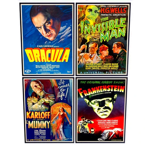 YELLOWBIRD ART & DESIGN Vintage Horror Movie Poster Set 11x14 - Movie Art Print for Man Cave, Teens Room - Gothic Home Theater Wall Art Decor - Horror Movie Gifts, Horror Posters for Boys Rooms - Frankenstein, Dracula, Mummy