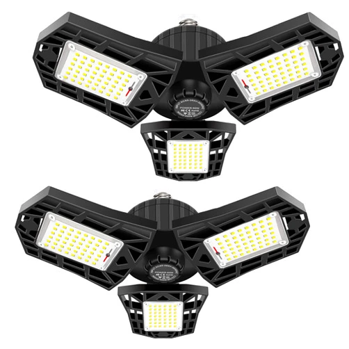 GHUSTAR 2-Pack LED Garage Light 60W Garage Lighting - 6000LM 6500K LED Deformable Garage Ceiling Lights, LED Shop Light with Adjustable Multi-Position Panels, LED Glow Light for Garage, Workshop