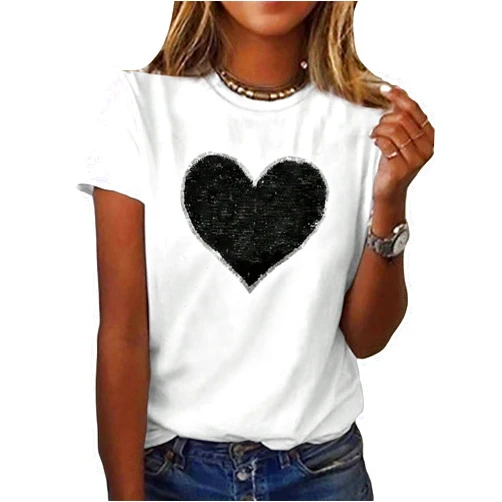 SweatyRocks Women's Heart Print Glitter Sequin T Shirts Casual Round Neck Short Sleeve Tee Tops