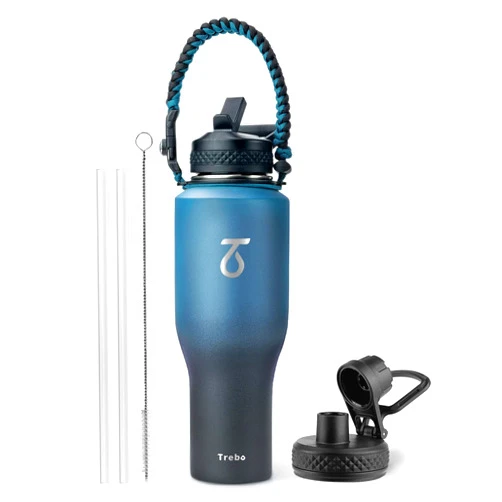 Trebo 40oz Water Bottle Insulated with Lid and Straw,Double Wall Vacuum Stainless Steel Metal Tumbler Flask Fit in Any Car Cup Holder with Paracord Handle,Leakproof Keep Cold Hot,Indigo/Black