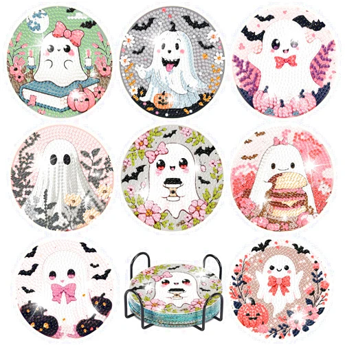 Yijingtop 8PCS Halloween Diamond Art Coasters,Cute Ghost Diamond Painting Coasters,Small Diamond Art Kits for Adults,Crystal Gem Art Kits for Home Wall Decor