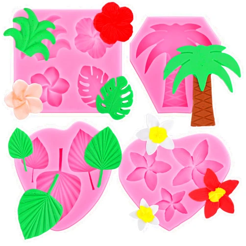 Styquenzer Tropical Leaves Flower Silicone Molds, 4 PCS Monstera Leafage Tropical Mold Hibiscus Silicone Mold Palm Leaf Plumeria Flower Leave Chocolate Molds Silicone Leaves Fondant Molds for DIY Cupcake Topper