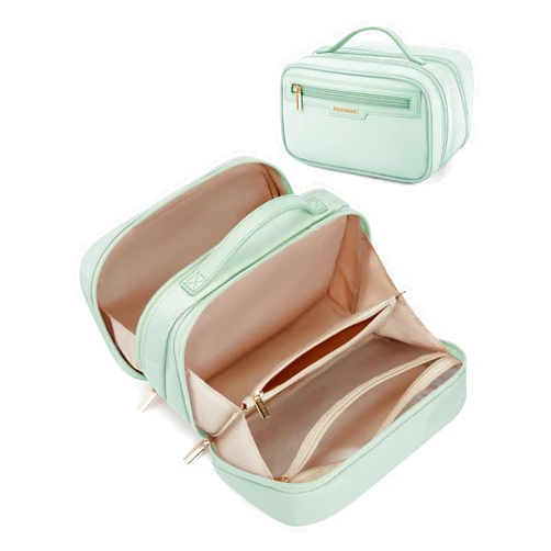 BAGSMART Travel Makeup Bag Large Capacity Cosmetic Bag, Wide-open Portable Make Up Bag Organizer for Women for Travel Essentials Travel-Size Toiletries Accessories Bottles, Brushes (Green)
