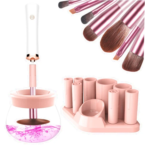 FESMEY Makeup Brush Cleaner Dryer Machine,Super-Fast Electric Brush Cleaner Spinner with 8 Size Collars,Automatic Brush Cleaner Spinner Makeup Brush Tools (White)