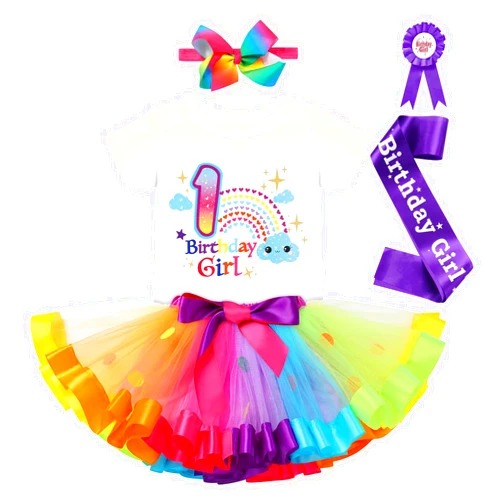 IBTOM CASTLE Baby Girl Unicorn 1st 2nd 3rd Birthday Tutu Rainbow Cake Smash Skirt Set Princess Romper Headband Photo Shoot