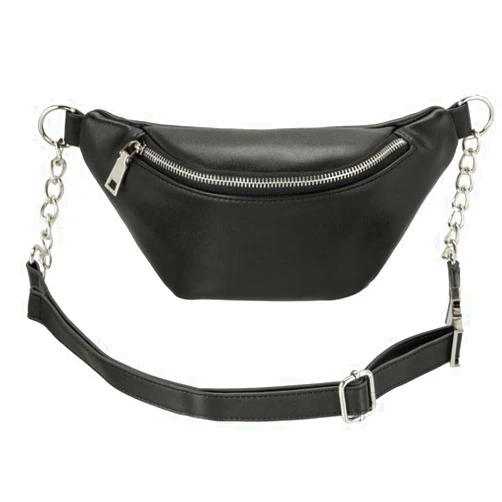 BigBigMe Fanny Pack for Women, Fashion Leather Waist Bag Belt Bag with Adjustable Strap Crossbody bag Chest Bag Phone Purse with Metalic Chain for Women, Black