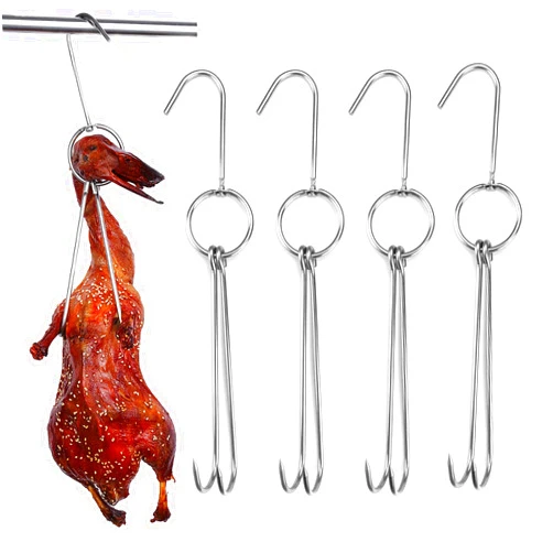NUOMI 4 Pcs Stainless Steel Meat Hooks with Double Hook Poultry Roast Duck Bacon Hanging Hook Grill Hanger for Drying, Cooking, BBQ, M-11.5 ”,Cooking Utensils, Namely, Grills