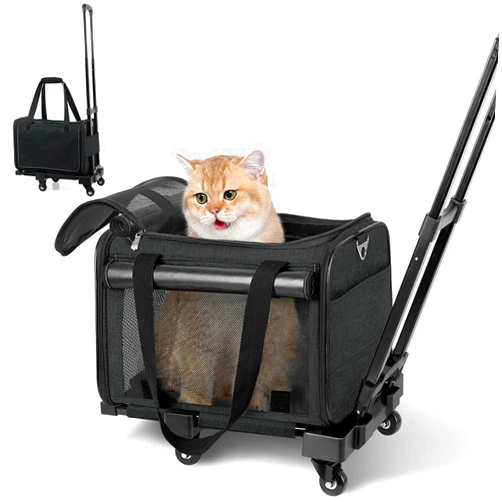 YUDODO 25lbs Large Cat Carrier with Wheels Lightproof Airline Approved Dog Carrier for Small Dog Rolling Pet Carrier with Two Pockets Travel Groomers Vet Visits(Black)