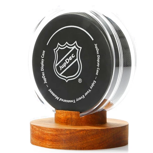 JupDec Hockey Puck Display Case Acrylic Clear Holder with Wood Base, Autograph Souvenir Display Stand, Perfect Showcase for Your Collection, Brown, 1 Pack