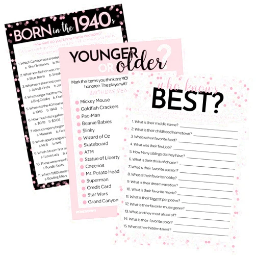 DISTINCTIVS Pink and Black 80th Birthday Game Bundle - Set of 3 Birthday Party Games for 20 Guests, Born in the 1940s Theme