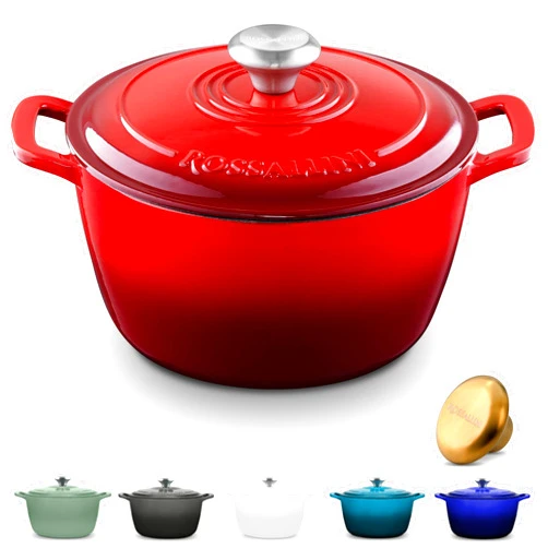 ROSSALLINI Signature Enameled Cast Iron Dutch Oven, Non-Stick Serving Pot with Tight Fitting Lid for Perfect Roasting, Baking, Sauteing, and Bread Making | 5.5Q (5.2L) - Red