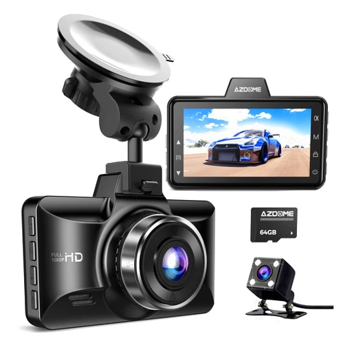 AZDOME Dual Dash Cam Front and Rear, 3 inch 2.5D IPS Screen Free 64GB Card Car Driving Recorder, 1080P FHD Dashboard Camera, Waterproof Backup Camera Night Vision, Park Monitor, G-Sensor, for Car Taxi