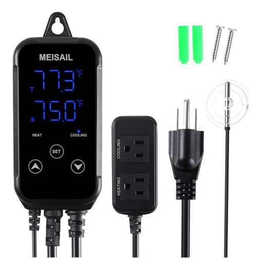 MEISAIL Digital Temperature Controller 2-Stage Outlet Thermostat Heating and Cooling Mode Carboy Homebrew Fermenter Greenhouse Terrarium 110V 10A (S10B-B)