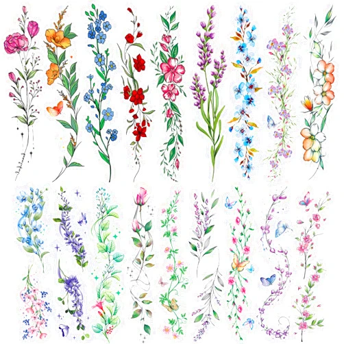 Tazimi Watercolor Temporary Tattoos For Women Girls-24 Sheets Colorful Flower Lavender Rose Vine Forget-me-not Plum Blossoms Wild flowers Realistic Waterproof Tattoo Stickers Body Art