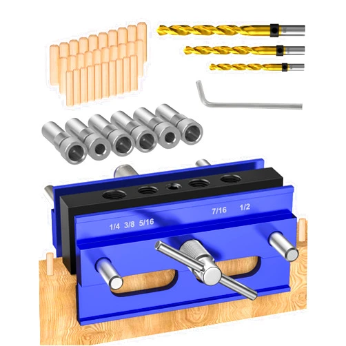 VASTHOME Self Centring Dowel Jig, Adjustable Drill Jig for Straight Holes, Biscuit Joiner Set with 6 Drill Guides and 3 Drills, 10 Wood Plugs, Dowel Jig Set, Power Tool Accessory Jig (blue)