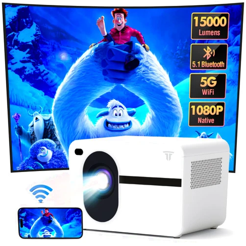Wielio Projector with Wifi and Bluetooth, Native 1080P 15000L Mini Projector Home Theater Video Projector, Portable Projector Compatible with iOS/Android PC/TV Stick/HDMI/USB/AV（White)