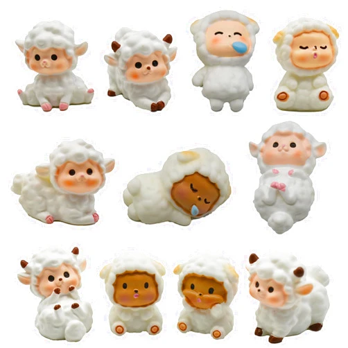 Pinenjoy 11Pcs Cute Miniature Sheep Figurines Mini Fairy Garden Sheep Ornament Resin Lamb Cake Toppers for DIY Terrarium Micro Landscape Bonsai Craft Birthday Party Gift