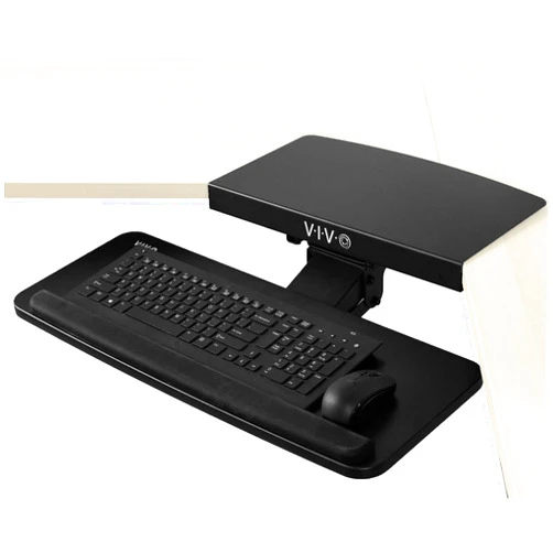 VIVO Adjustable Computer Keyboard and Mouse Platform Tray with Corner Connector, Ergonomic Under Table Desk Mount Drawer for L-Shaped Workstations, Underdesk Shelf, Black, MOUNT-KB03B-C