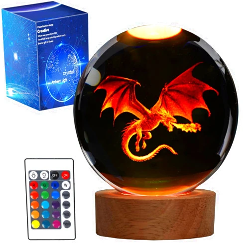 POSSHE Dragon Night Light, 3.15 Inch (80mm) Crystal Ball 3D Lamp with Remote 16 Color for Birthday Xmas Cool Figurines Dragon Gifts for Room Decor Boys Girls