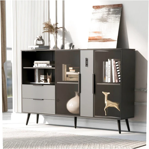 Generic1 2-Door Storage Cabinet with 2-Drawers and Metal Handles Black Modern Contemporary Wood