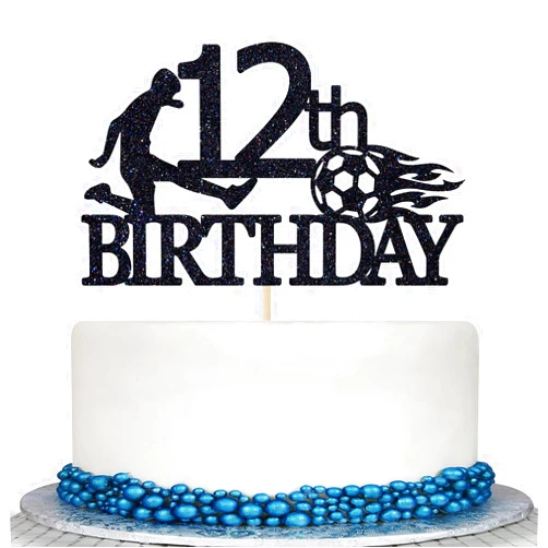 Colorfulparty Black Glitter Happy 12th Birthday Cake Topper - Soccer Ball Cake Topper for 12 Years Old - Cheers To 12 Years, Football Themed Party Decorations