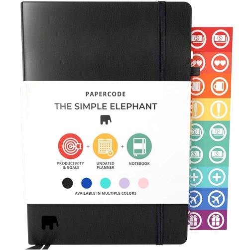 Papercode Simple Elephant Undated Planner for 2024 - Monthly, Weekly, Daily Planner - Leather Agenda Planner W/No Bleed Pages & Pen Holder - College, Work & Business Calendar Book