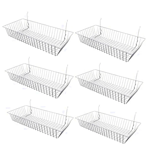 Only Garment Racks #5624W (Pack of 6) White Wire Baskets for Gridwall and Slatwall - Merchandiser Baskets, White Wire Basket 24